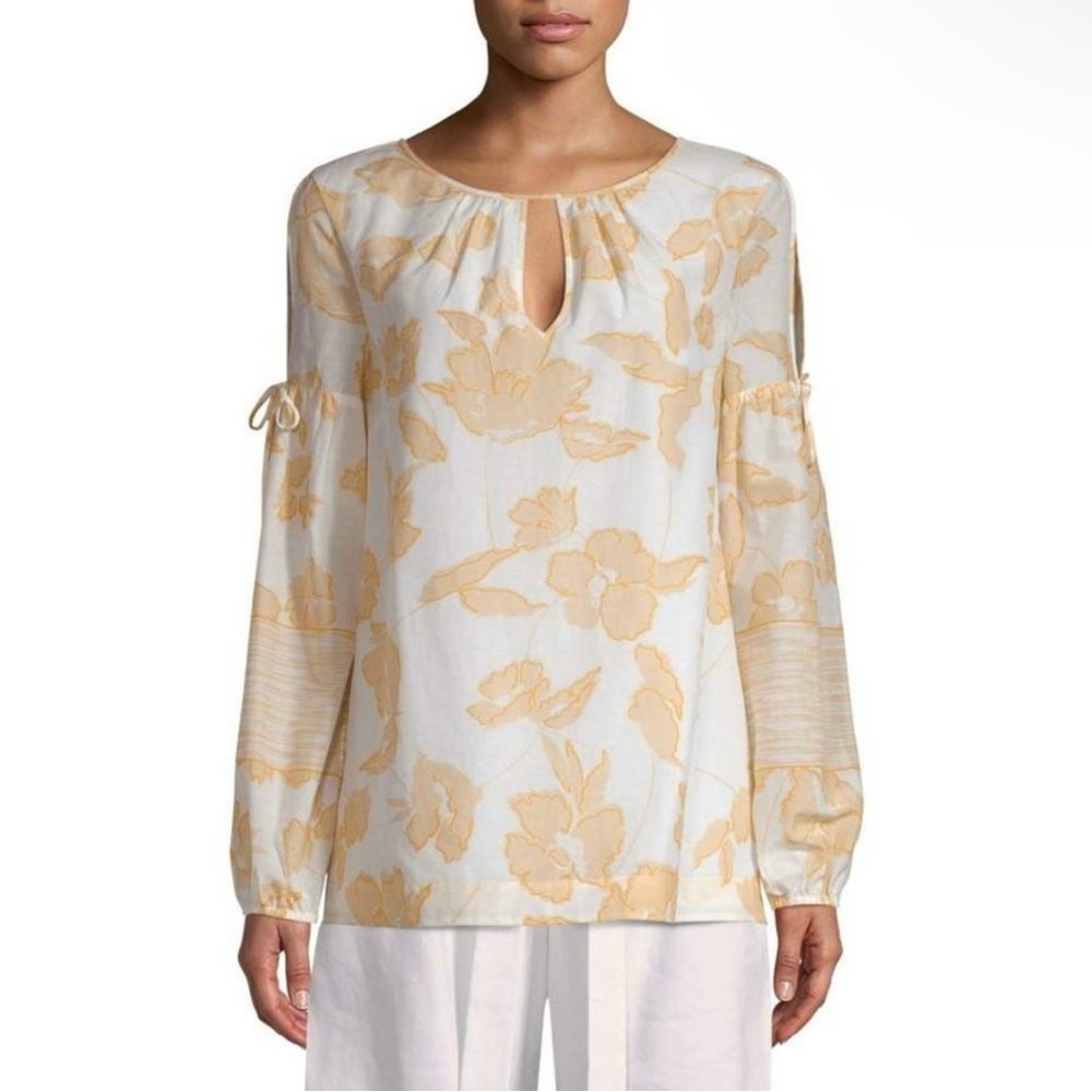 St. John Peasant Blouse Golden Yellow Floral Silk Blend size Small